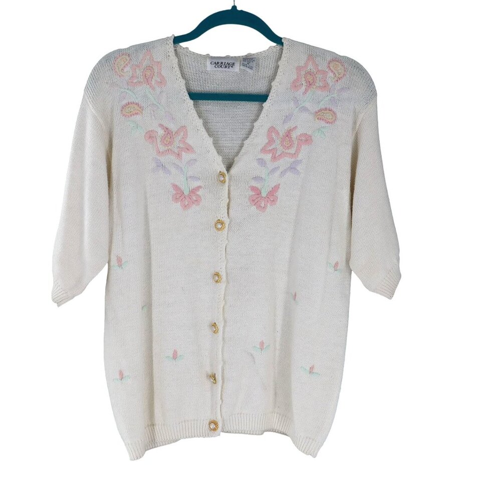 Carriage‎ Court Embellished Cardigan Womens M Cream Retro Cottagecore Grannycore